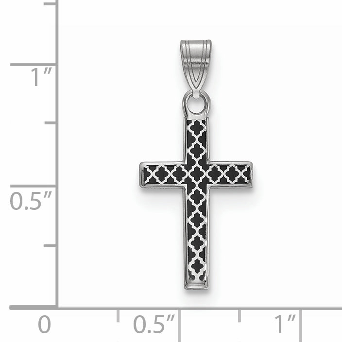 Sterling Silver Rhodium-Plated Black Enameled Cross Hatch Charm