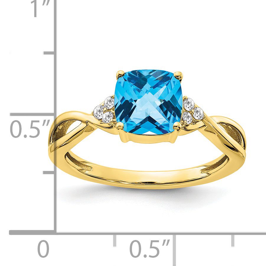 10K Yellow Gold Checkerboard Blue Topaz And Diamond Ring