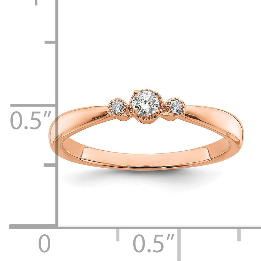 14K Rose Gold Beaded Edge Petite 3 Stone 1/15 Carat Round Diamond Complete Promise/Engagement Ring