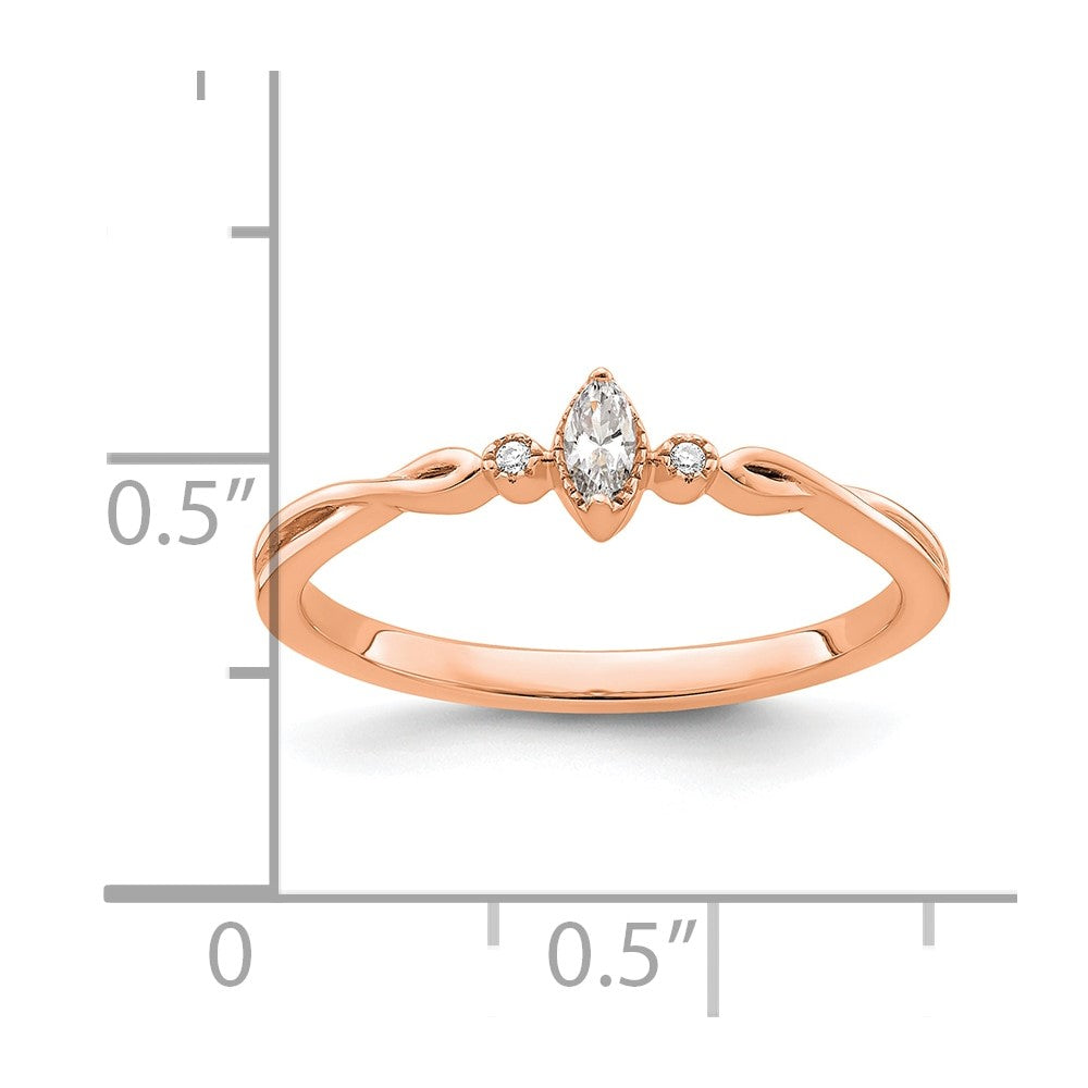 14K Rose Gold Beaded Edge Petite 3 Stone 1/15 Carat Marquise Diamond Complete Promise/Engagement Ring