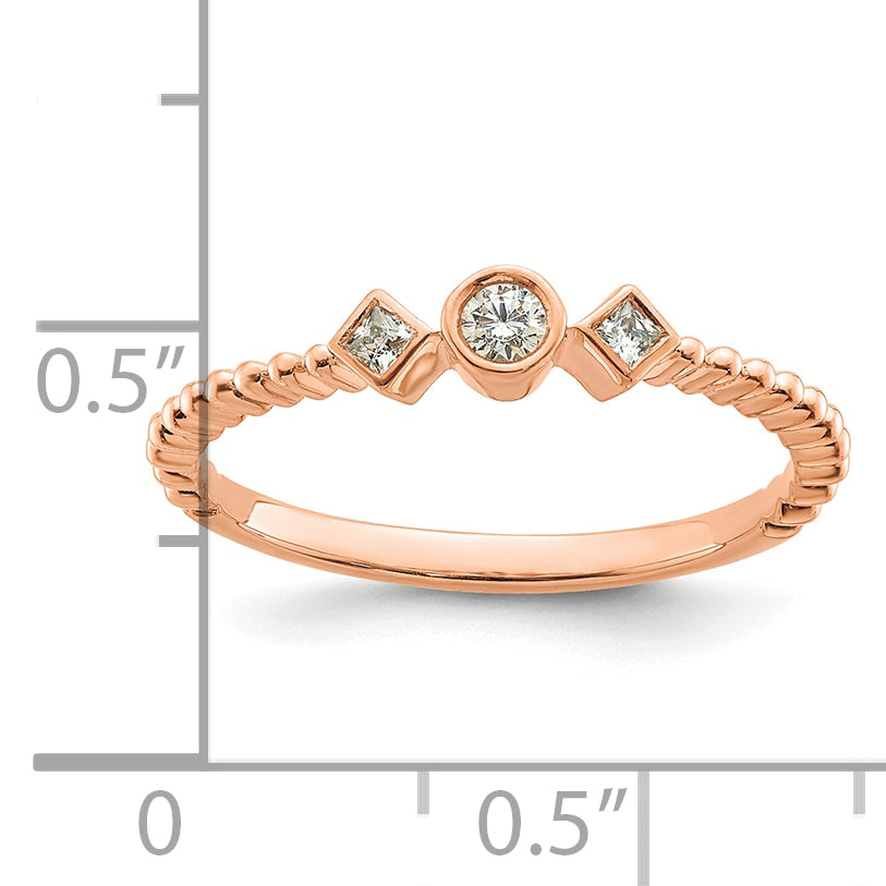 14K Rose Gold Scalloped Band Petite 3 Stone 1/15 Carat Round Diamond Complete Promise/Engagement Ring