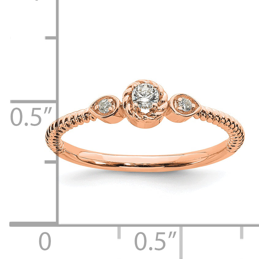 14K Rose Gold Roped Band Petite 3 Stone 1/15 Carat Round Diamond Complete Promise/Engagement Ring