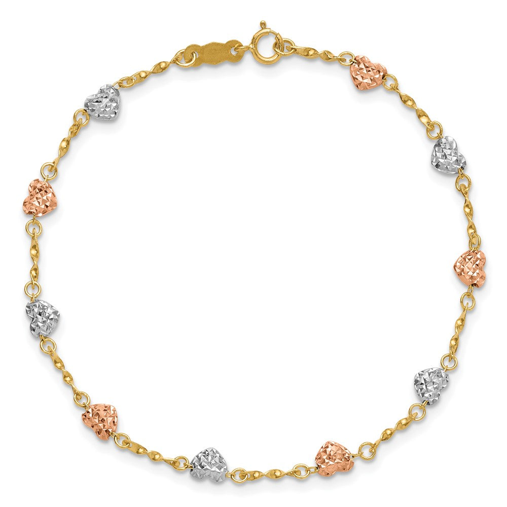 7 Inch 14K Tri-Color Diamond-Cut Puff Heart Bracelet