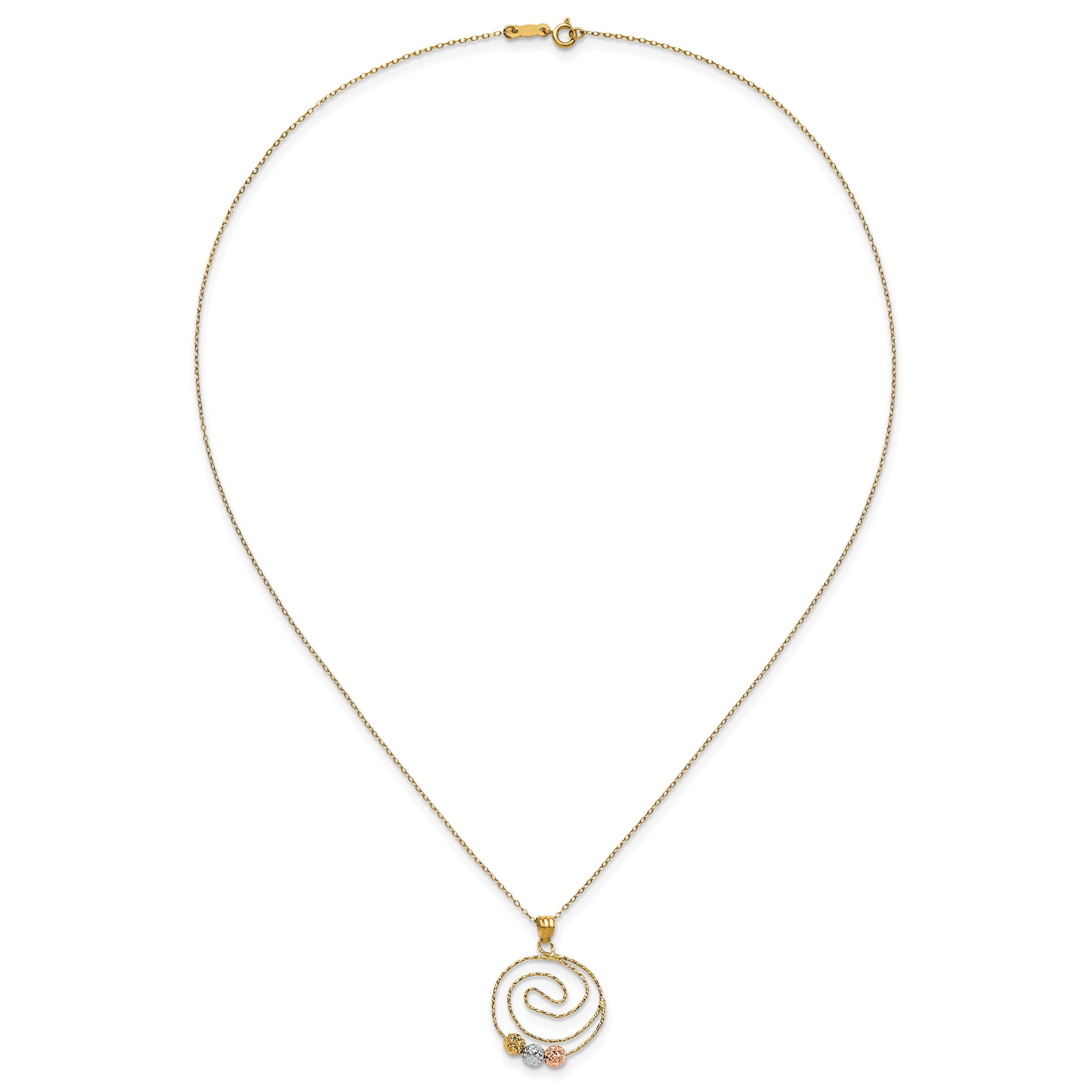 14K Tri-Color D/C Beads On Spiral Pendant Necklace