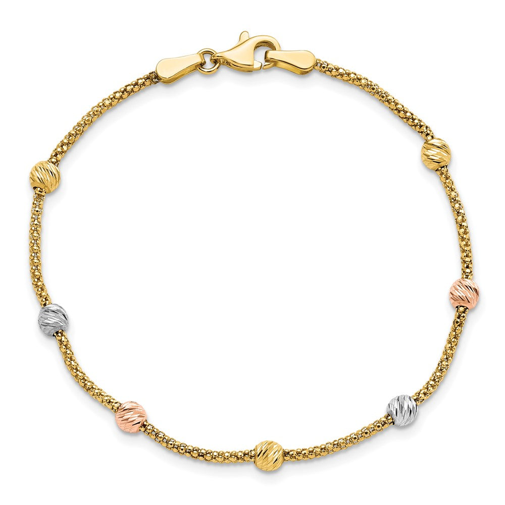 7.25 Inch 14K Tri-Color Diamond-Cut 7-Station Bead And Chain Bracelet