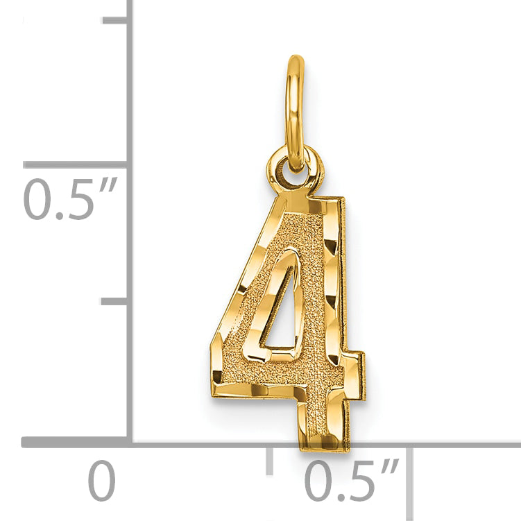 14K Yellow Gold Small Brushed Diamond-Cut Number 4 Charm