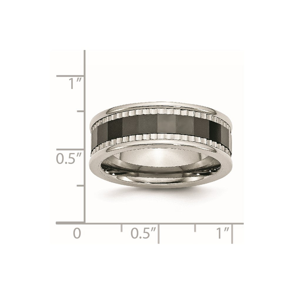Stainless Steel Sawtooth Accent/Black Ceramic Center Faceted Band