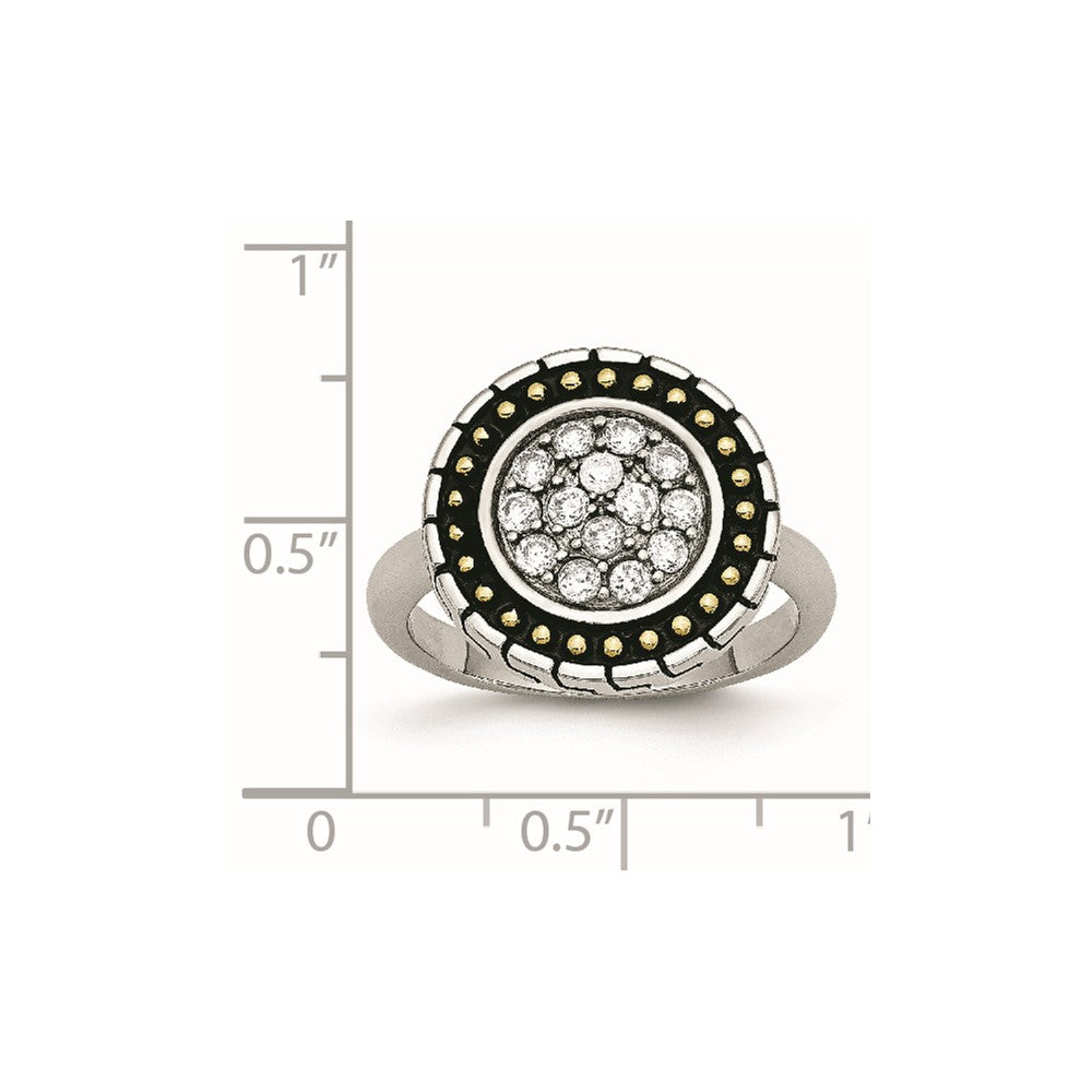 Stainless Steel Cz With Yellow Ip Plated Accent Antiqued Ring