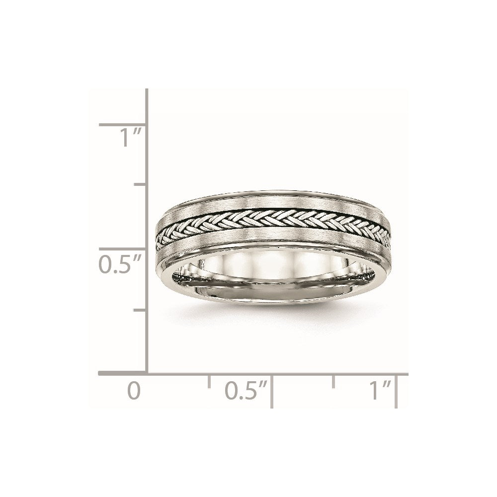 Stainless Steel Sterling Silver Braid Inlay Brushed/Polished 6mm Band