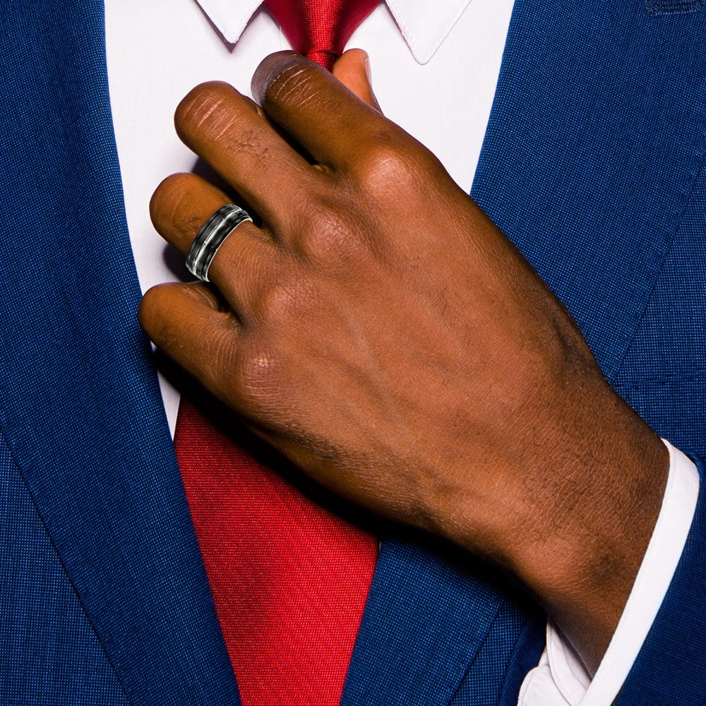 Stainless Steel Polished Black Ip Plated 8mm Ridged Edged Band