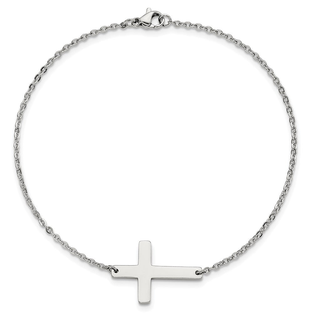 Stainless Steel Chisel Polished Sideways Cross 10 Inch Anklet