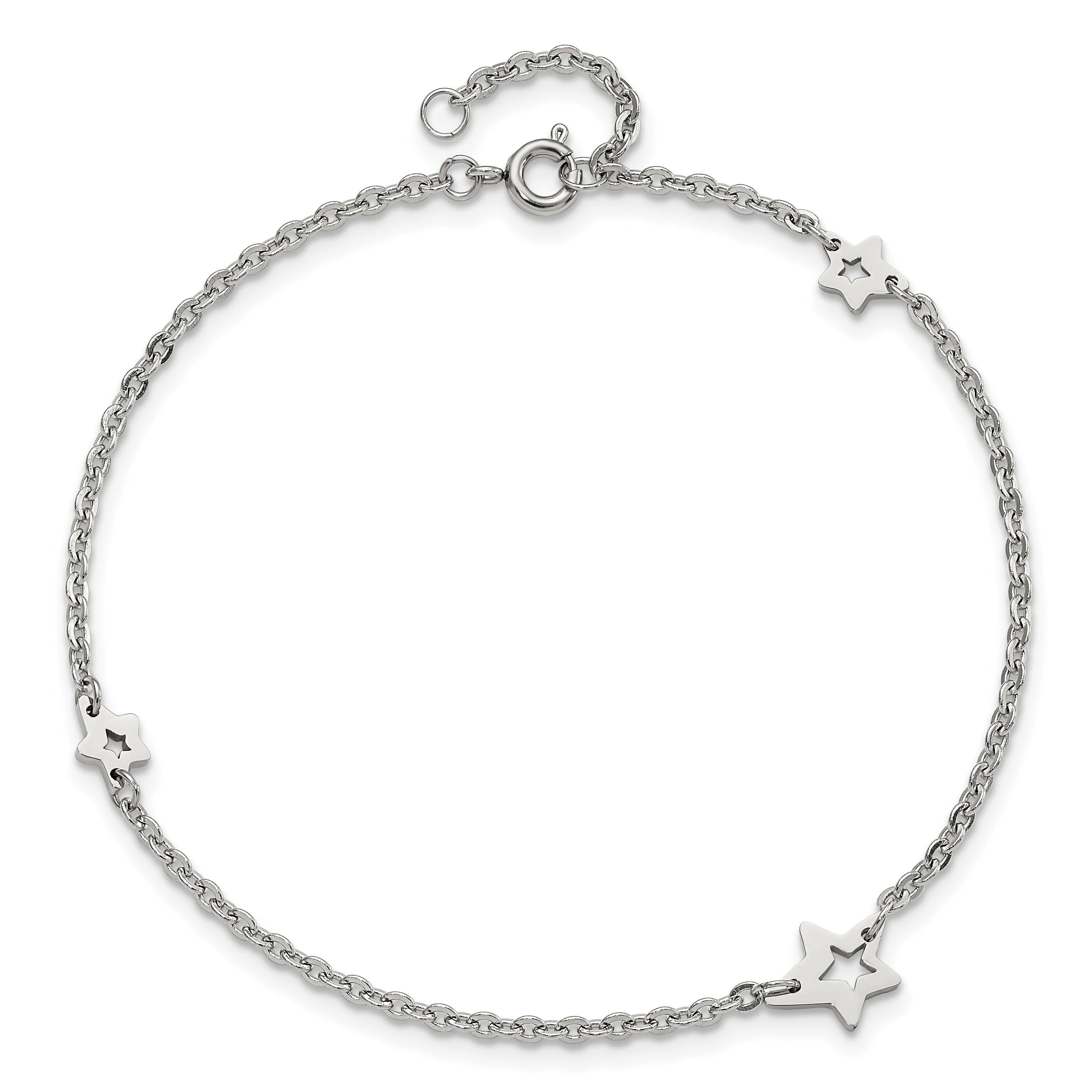 Stainless Steel Chisel Polished Stars 9 Inch Anklet Plus 1 Extension