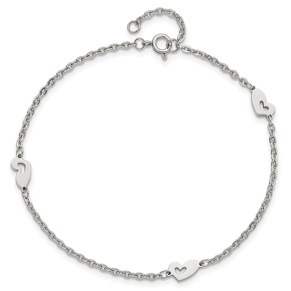 Stainless Steel Chisel Polished Hearts 9 Inch Anklet Plus 1 Extension