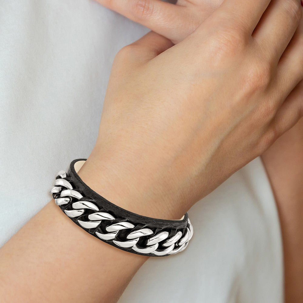 8.5 Inch Stainless Steel Black Leather W/Chain 8.5In Bracelet