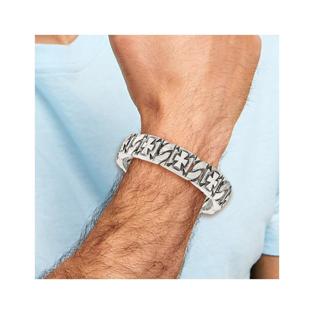 Stainless Steel Chisel Antiqued Polished And Textured 8.75 Inch Cross Link Bracelet