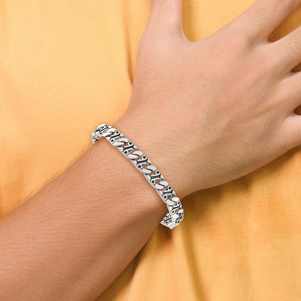 Stainless Steel Chisel Antiqued Polished And Textured 8.75 Inch Fancy Link Bracelet