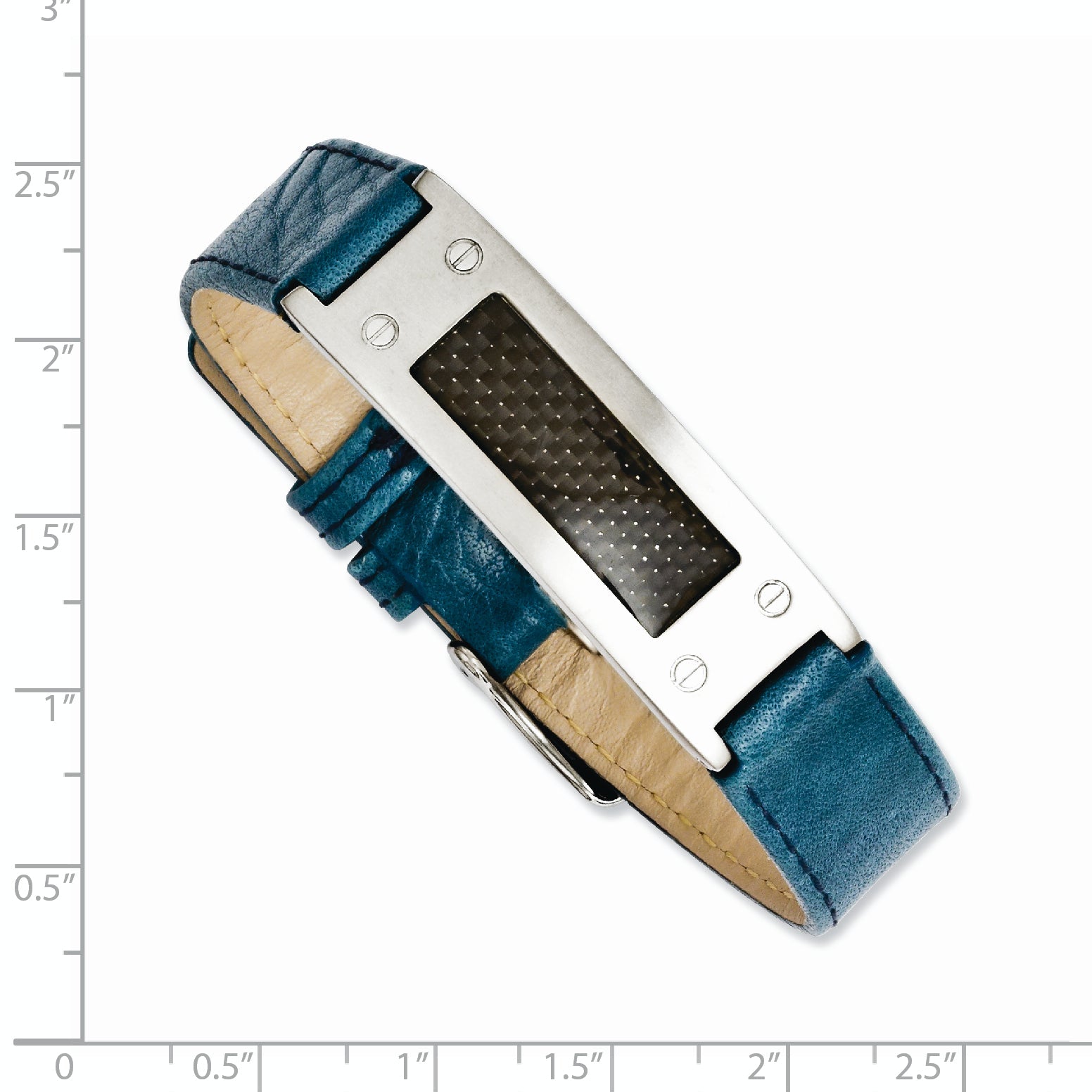8 Inch Stainless Steel Textured Blue Leather W/Carbon Fiber Inlay Buckle Bracelet