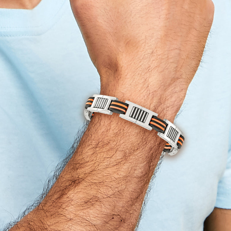 Stainless Steel Chisel Polished With Black And Orange Rubber 8.5 Inch Link Bracelet