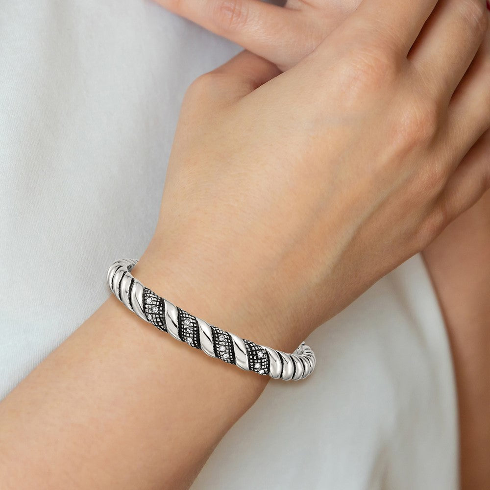 Stainless Steel Polished And Antiqued W/Crystal Cuff Bangle