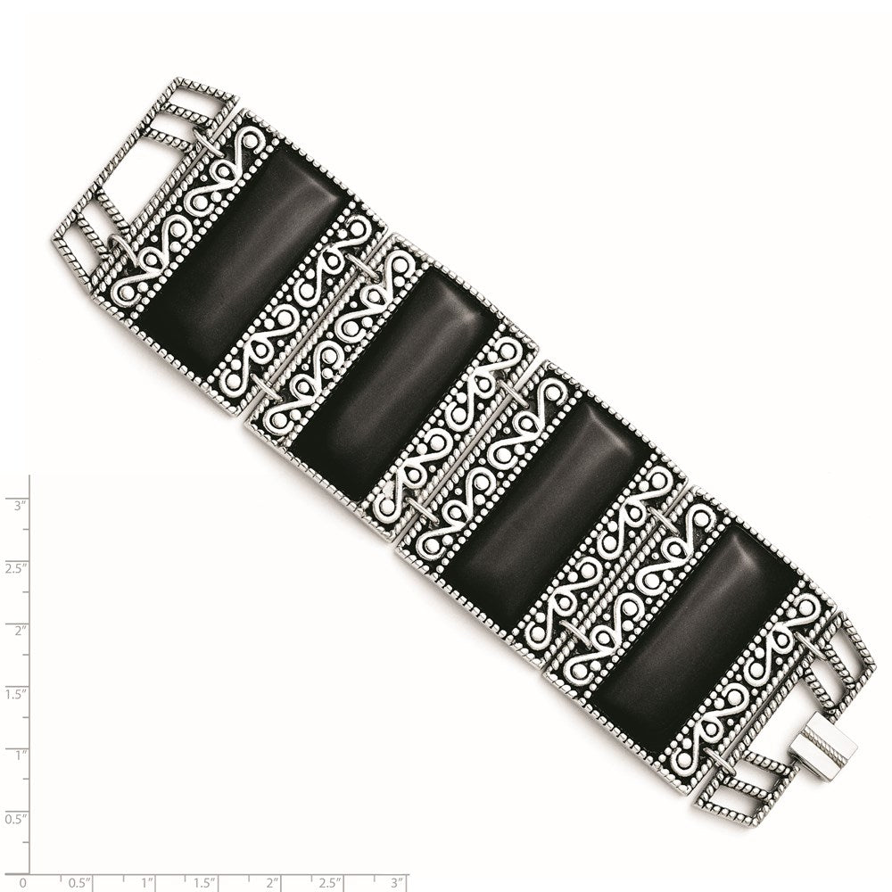 7.75 Inch Stainless Steel Black Onyx Antiqued Bracelet