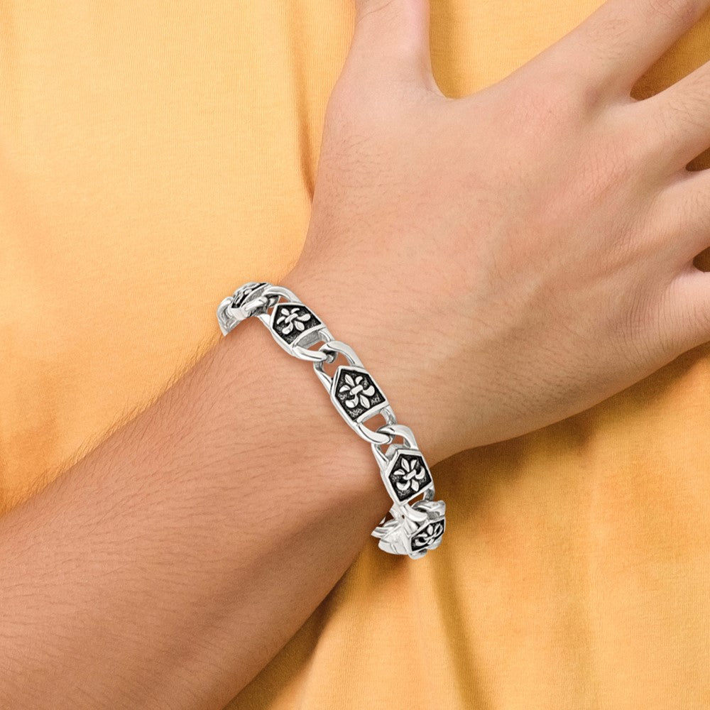 Stainless Steel Chisel Antiqued And Polished Fleur De Lis 8.75 Inch Link Bracelet