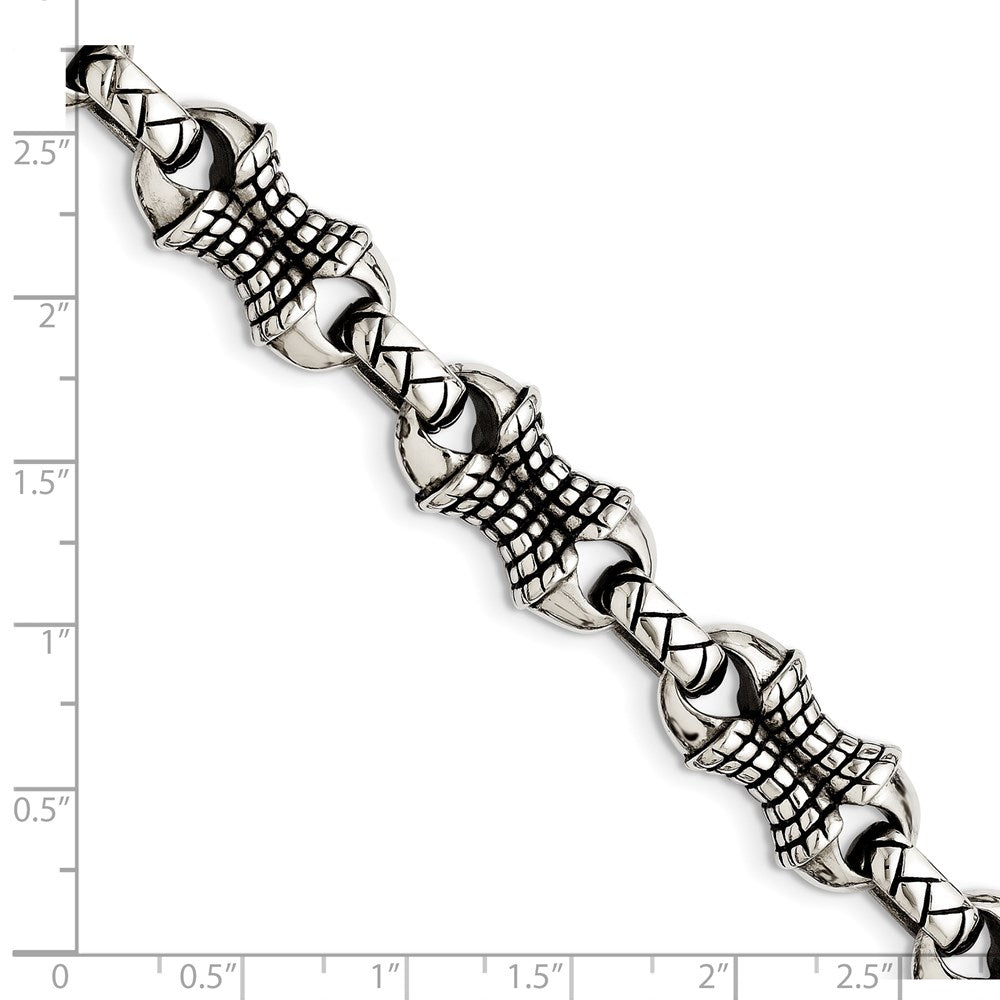 Stainless Steel Chisel Antiqued And Polished 8.75 Inch Patterned Link Bracelet