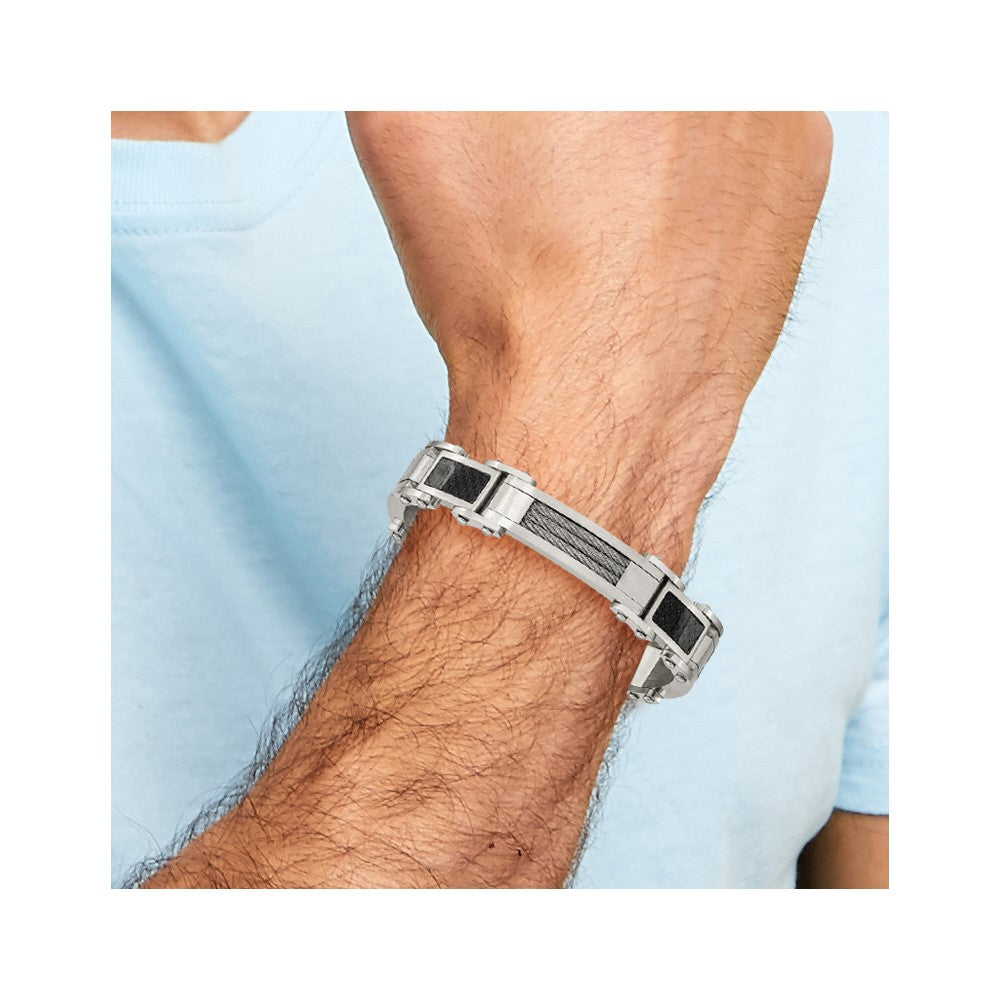 9 Inch Chisel Stainless Steel Polished With Cable And Black Carbon Fiber Inlay 8.75 Link Bracelet