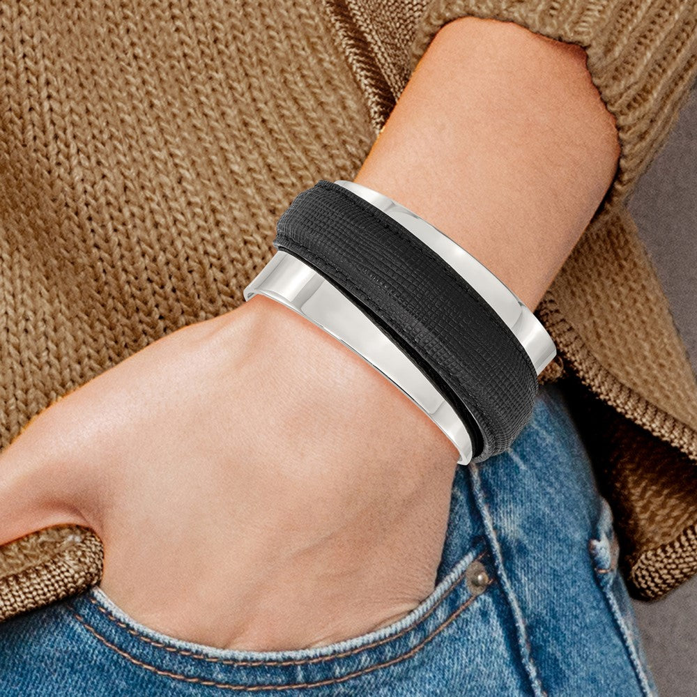 Stainless Steel Polished With Leather Cuff Bangle