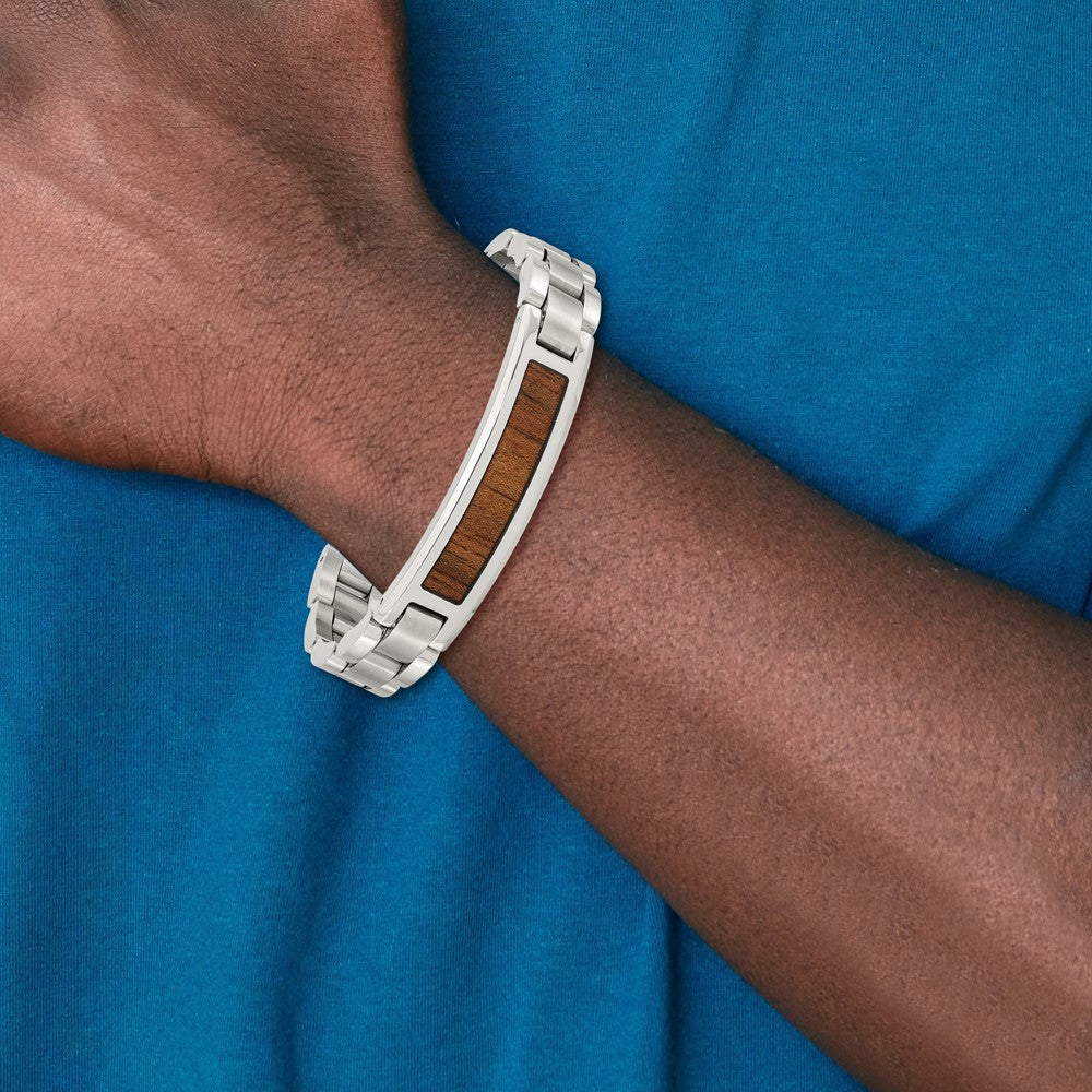 8.5 Inch Chisel Stainless Steel Brushed And Polished Enameled With Koa Wood Inlay 8.5In Link Id Bracelet