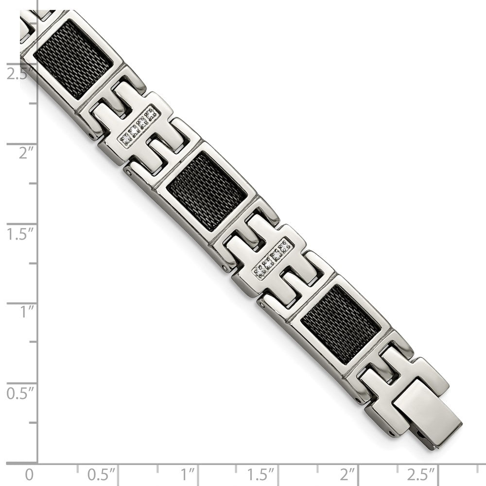Stainless Steel Chisel Polished Black Ip-Plated Mesh With 1/3 Carat Diamond 8.75 Inch Bracelet