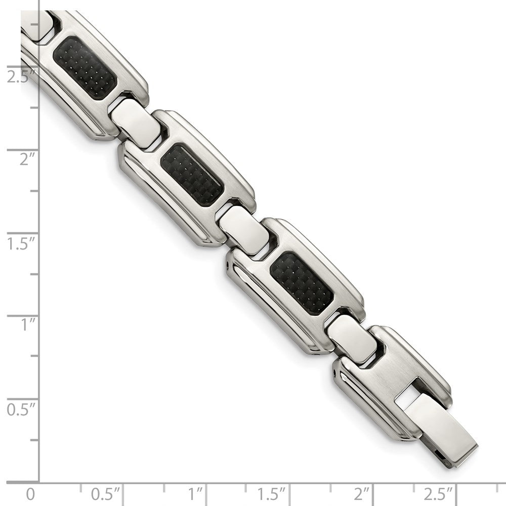 Stainless Steel Chisel Brushed And Polished With Black Carbon Fiber Inlay 9 Inch Link Bracelet