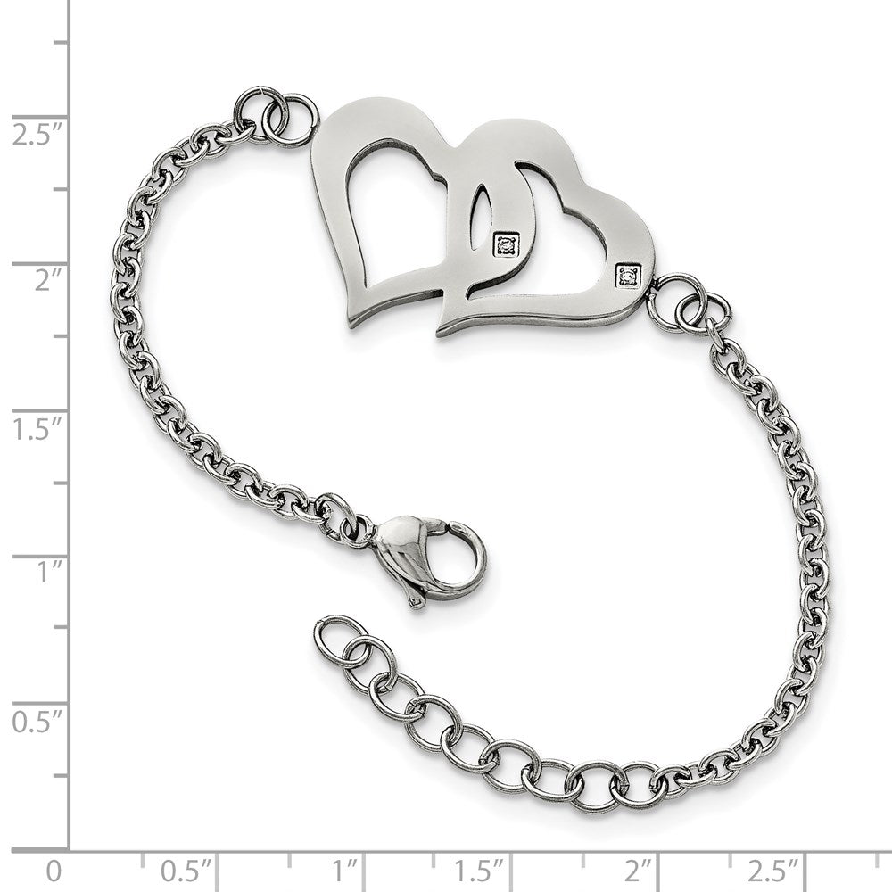 7.75 Inch Stainless Steel Polished W/Cz Hearts 6.5In W/1.25In Ext. Bracelet