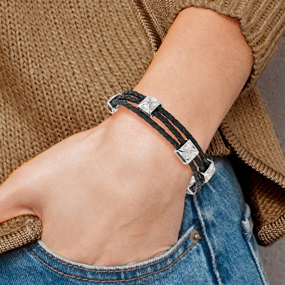 8.5 Inch Stainless Steel Polished Black Leather 8.5In Bracelet