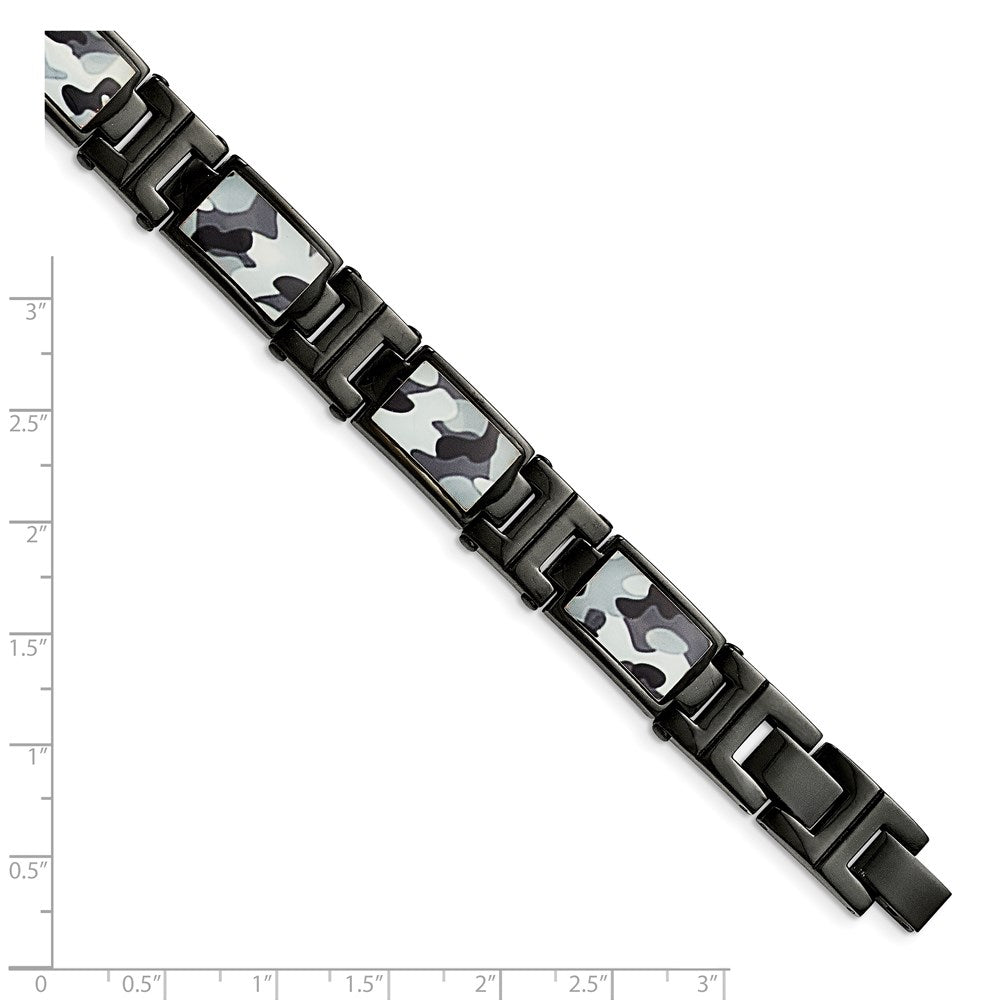 Stainless Steel Chisel Polished Black Ip-Plated Camo Enamel 8.5 Inch Link Bracelet