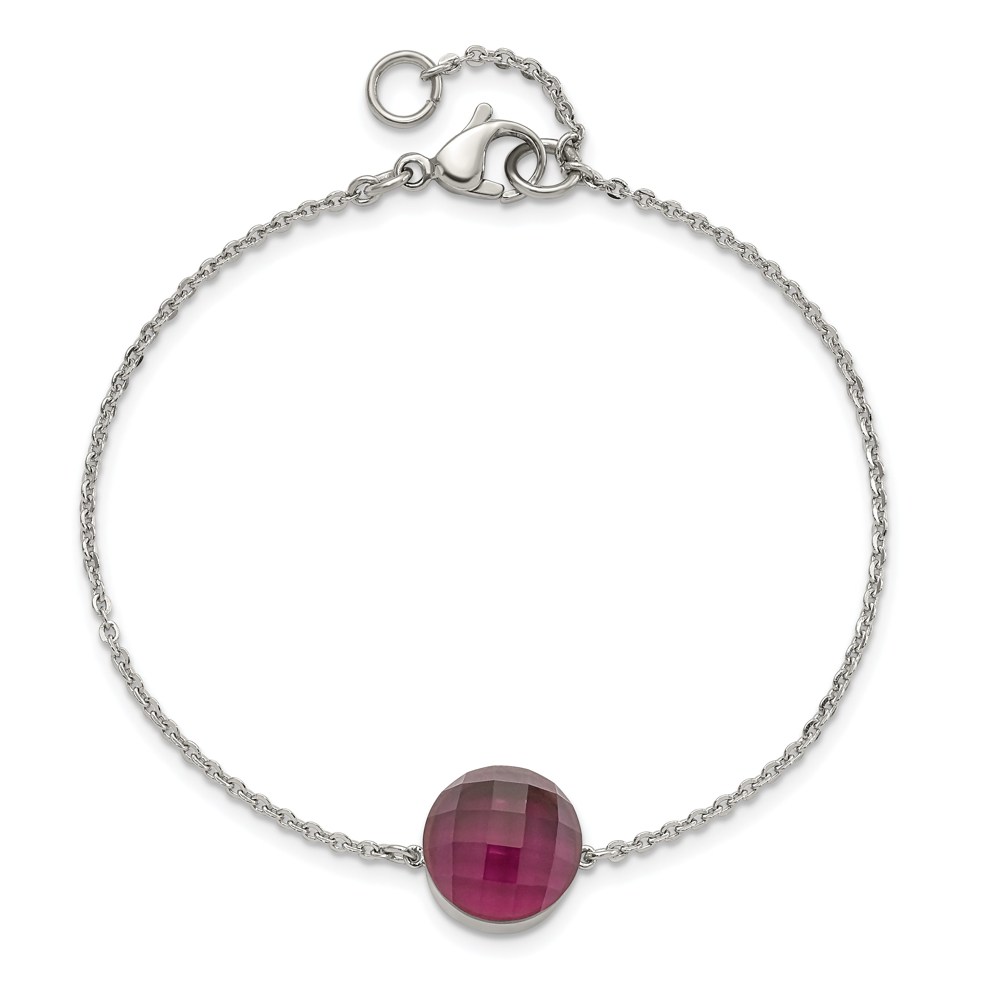 8 Inch Stainless Steel Polished Maroon Glass W/1In Ext Bracelet