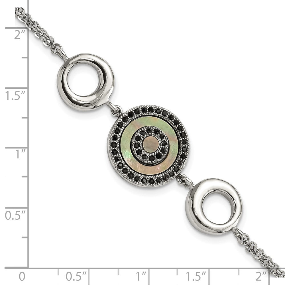 8 Inch Stainless Steel Polished Black Mop & Crystal W/.5In Ext Bracelet