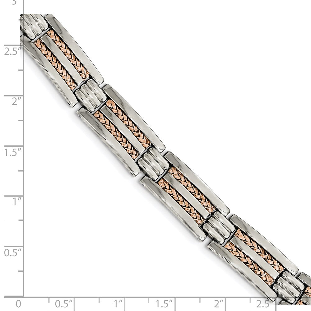 Stainless Steel Chisel Polished And Textured Rose Ip-Plated 8.5 Inch Link Bracelet