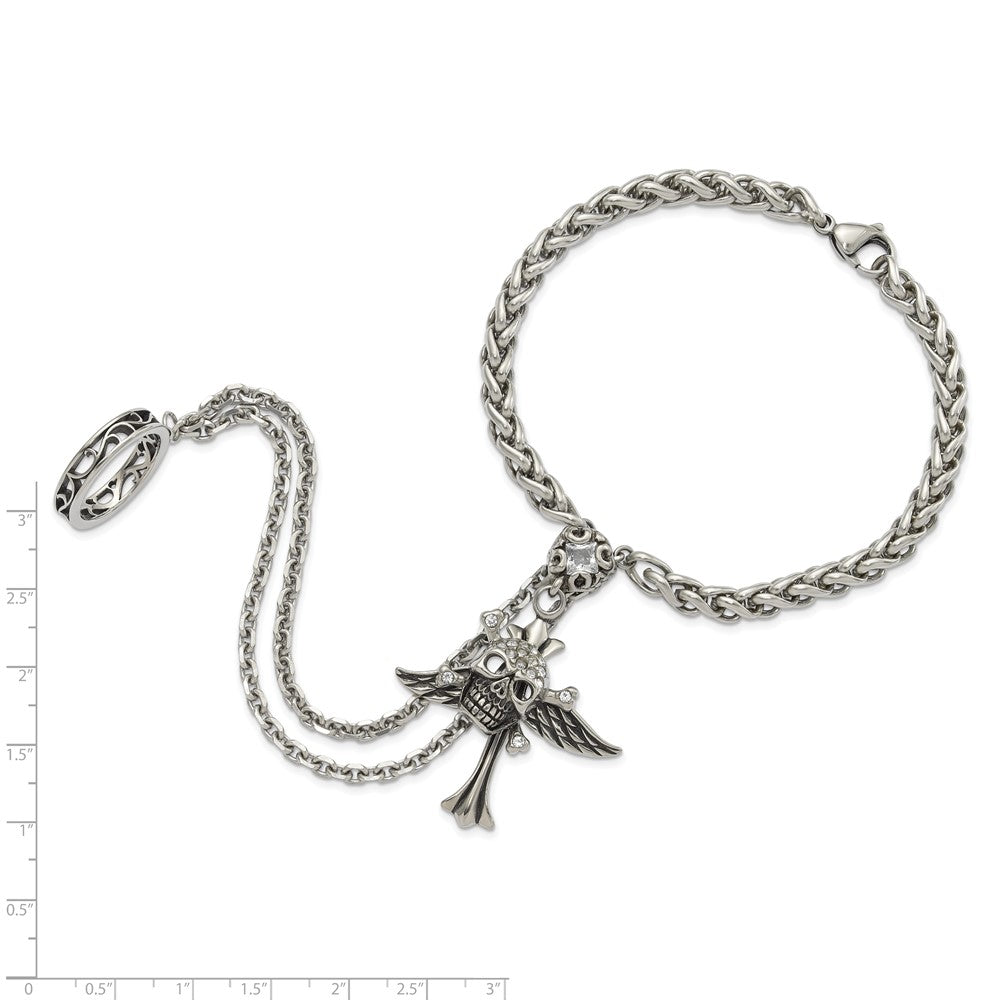 9 Inch Stainless Steel Antiqued & Polished Winged Skull Cross Crystal Connect Bracelet Ring