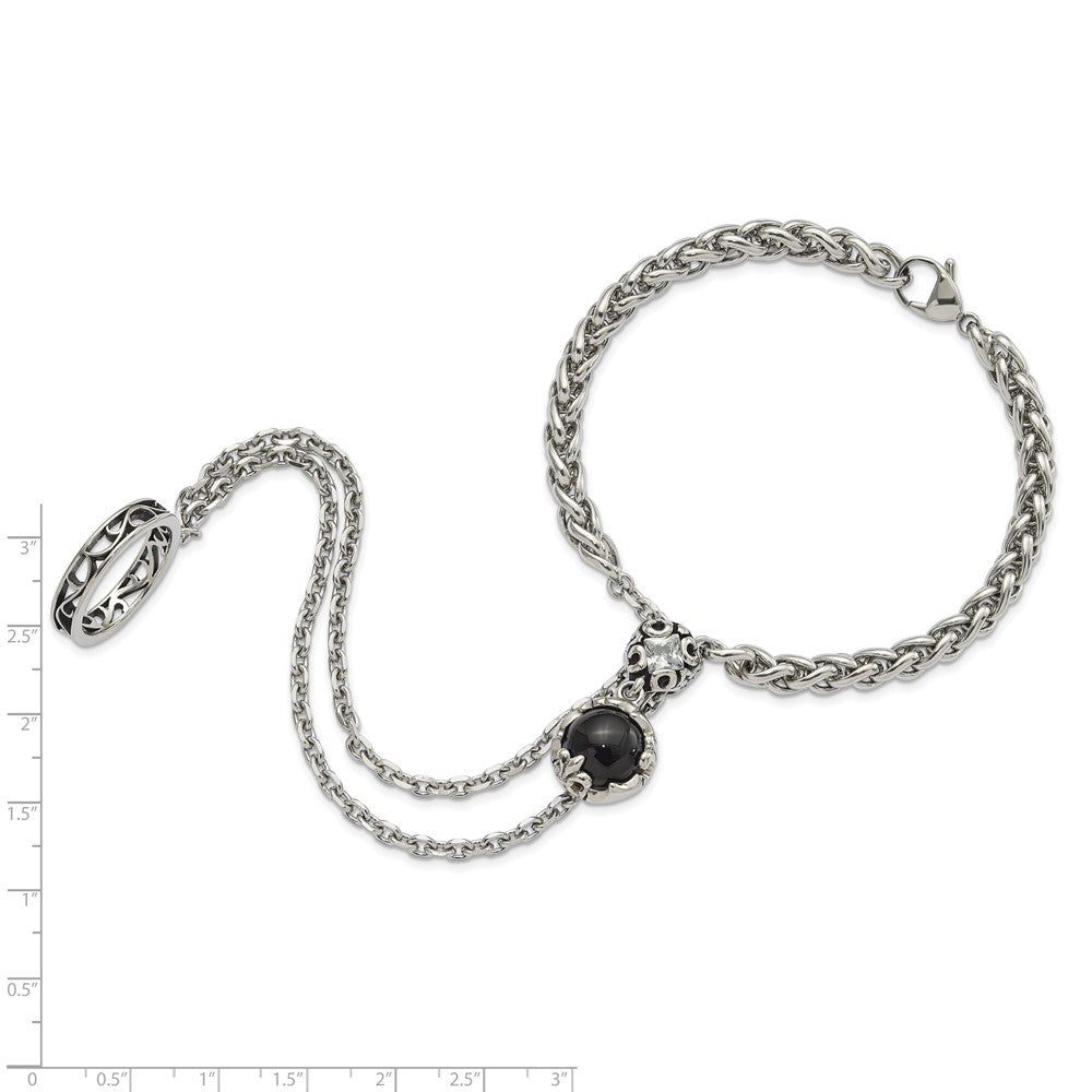 8 Inch Stainless Steel Polished & Antiqued Crystal Glass Fleur De Lis Connected Ring Bracelet