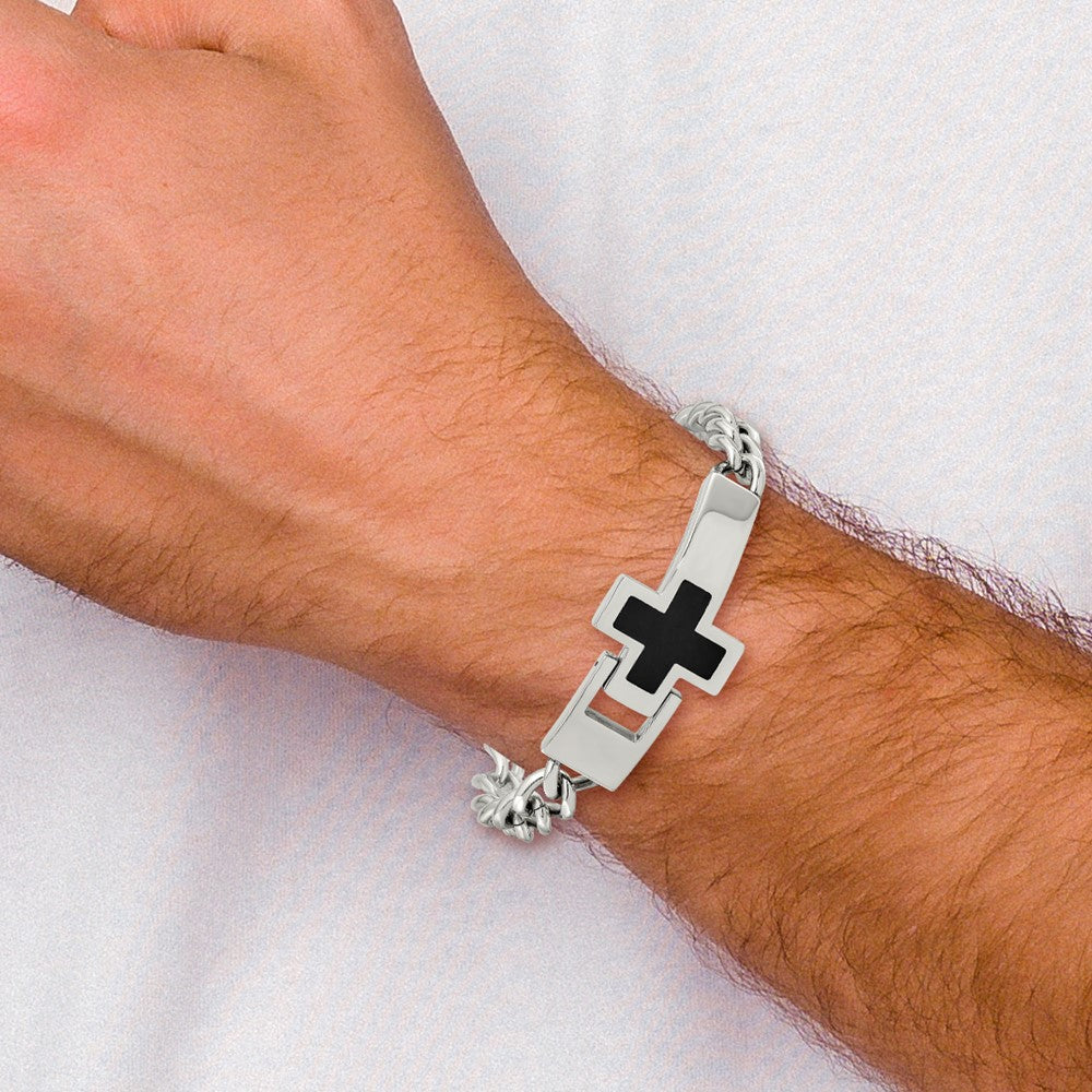 Stainless Steel Chisel Polished With Black Enamel Cross 9.25 Inch Bracelet