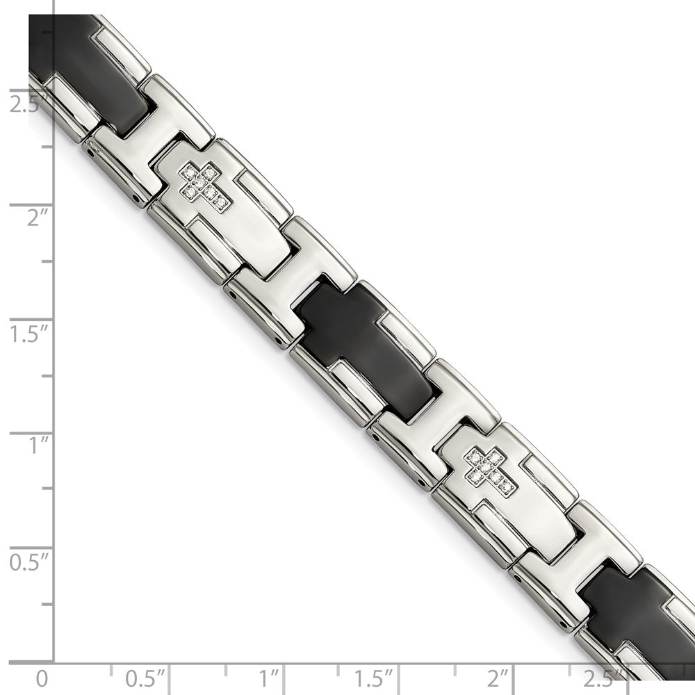 Stainless Steel Chisel Polished Black Ip-Plated With Cz 8.5 Inch Cross Link Bracelet