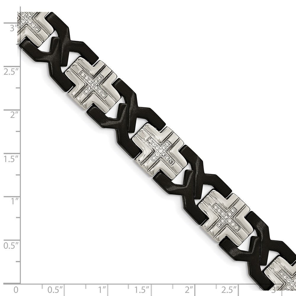 Stainless Steel Chisel Brushed And Polished Black Ip-Plated With Cz 8.25 Inch Cross Link Bracelet