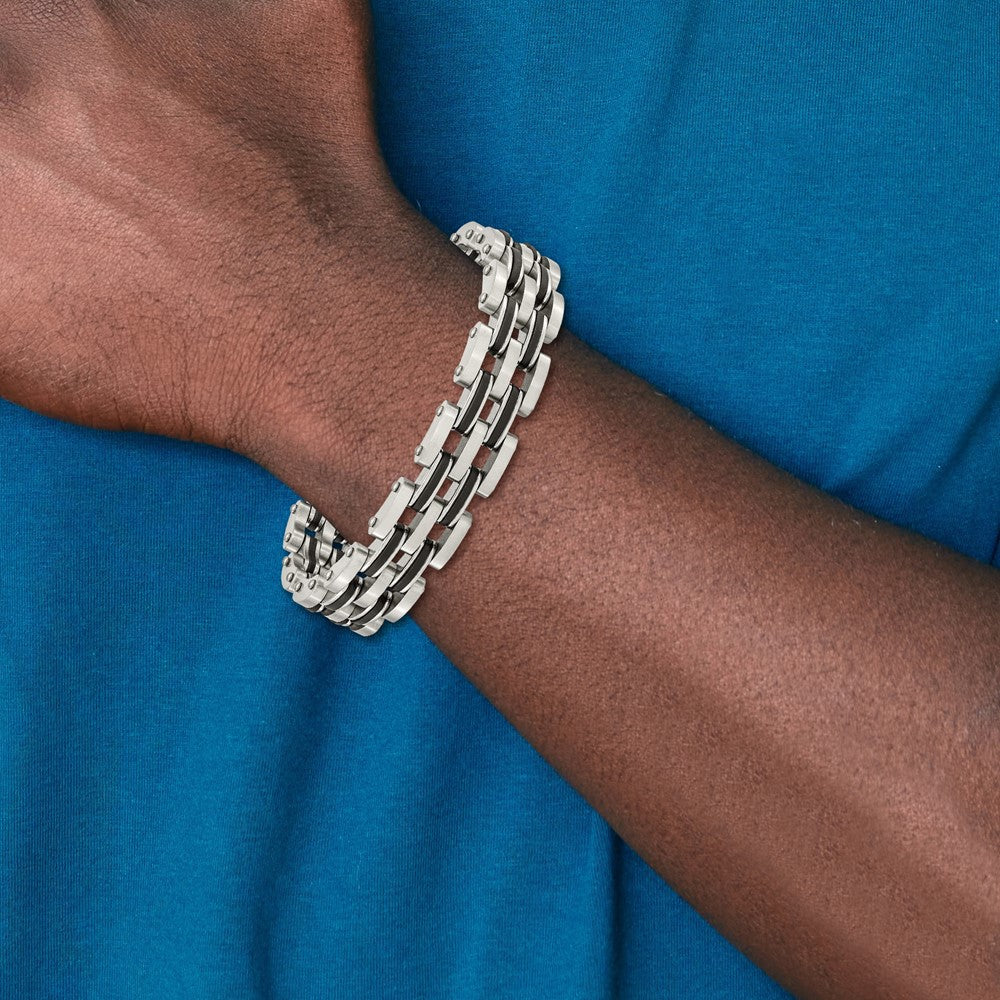 9.25 Inch Chisel Stainless Steel Brushed And Polished With Black Rubber 8.75 Link Bracelet