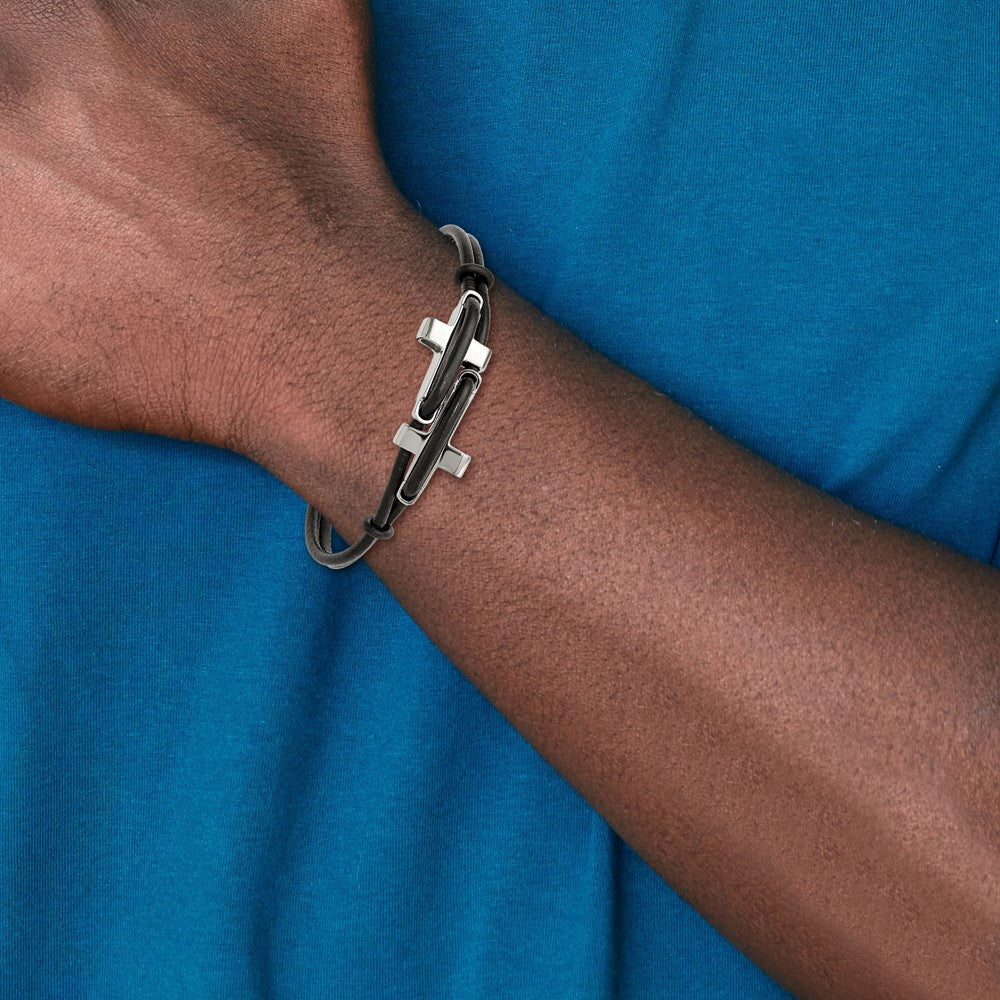 Stainless Steel Chisel Polished Sideways Crosses 2 Strand Black Leather 8.25 Inch Bracelet
