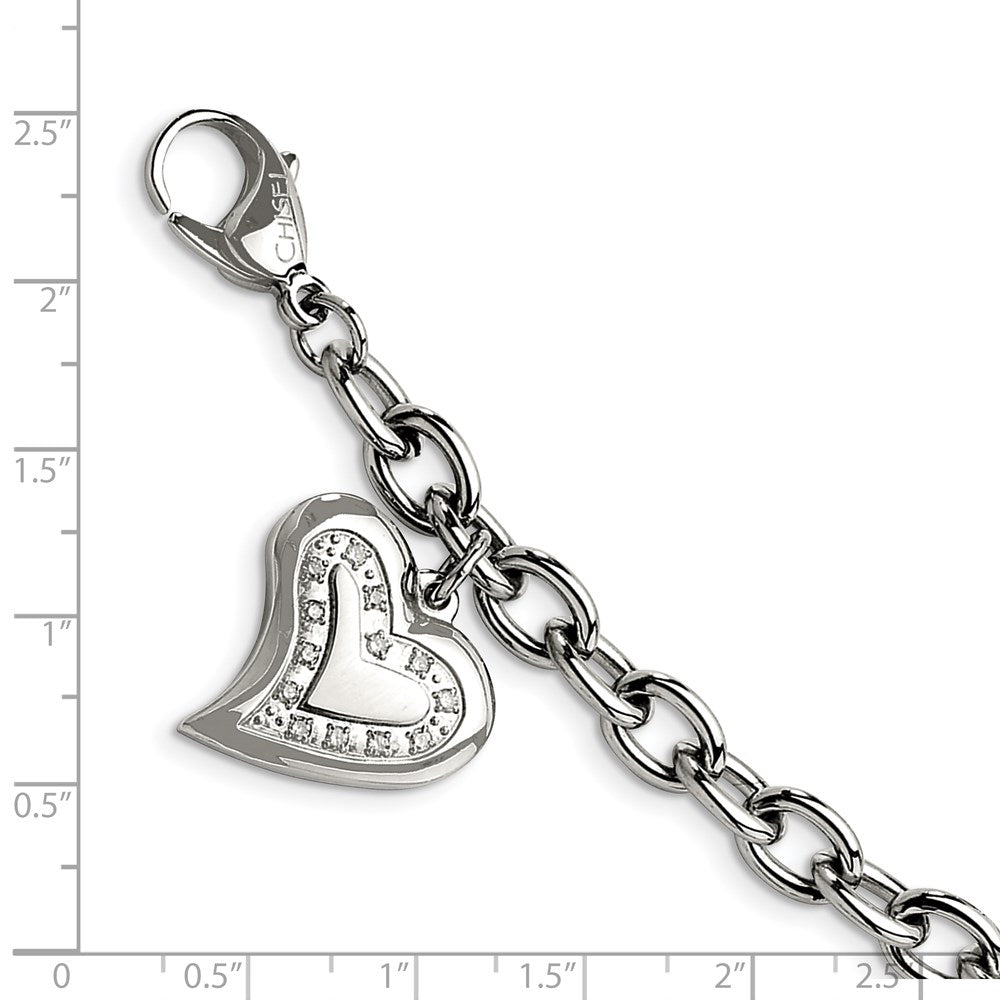 Stainless Steel Chisel Polished With Cz Heart Charm 7.5 Inch Bracelet