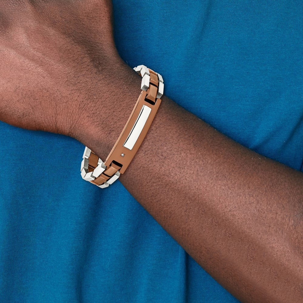 Stainless Steel Chisel Polished Brown Ip-Plated With .01 Carat Diamond 8.5 Inch Bracelet