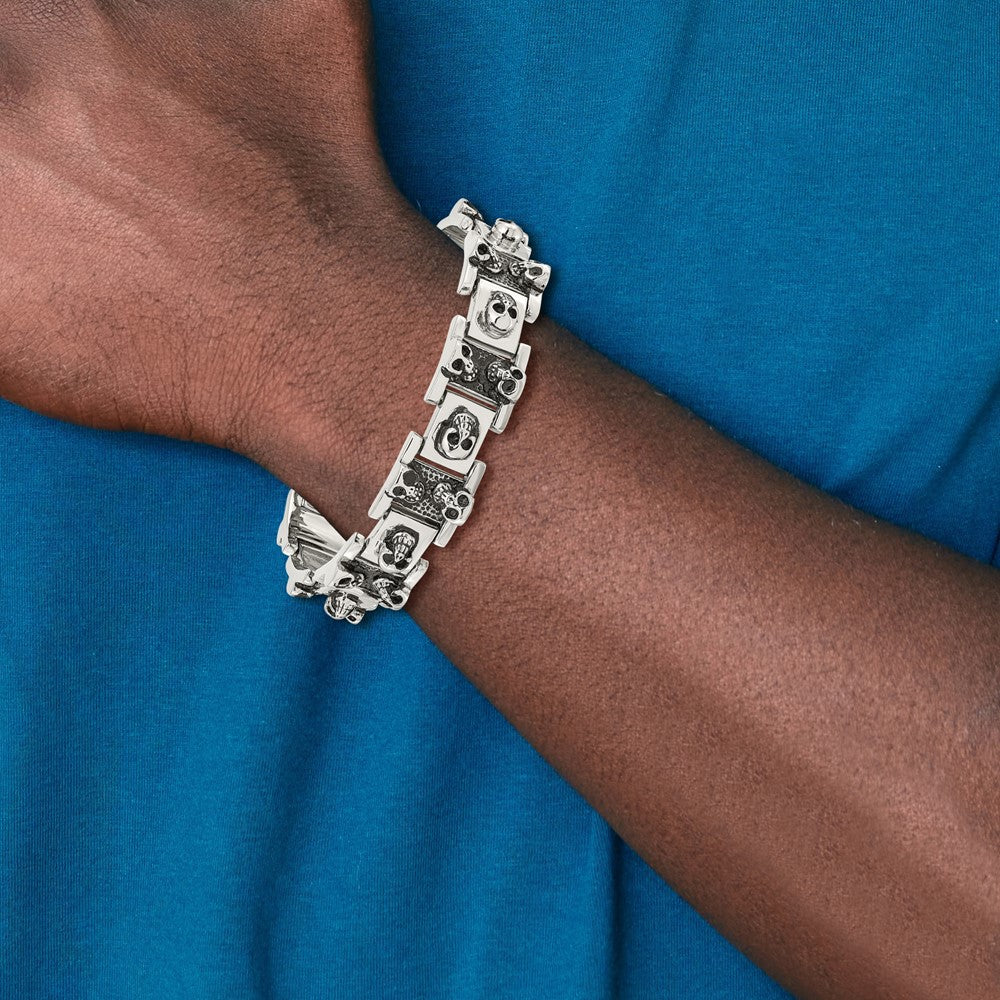 8 Inch Chisel Stainless Steel Antiqued And Polished Skull Link 8.25 Bracelet