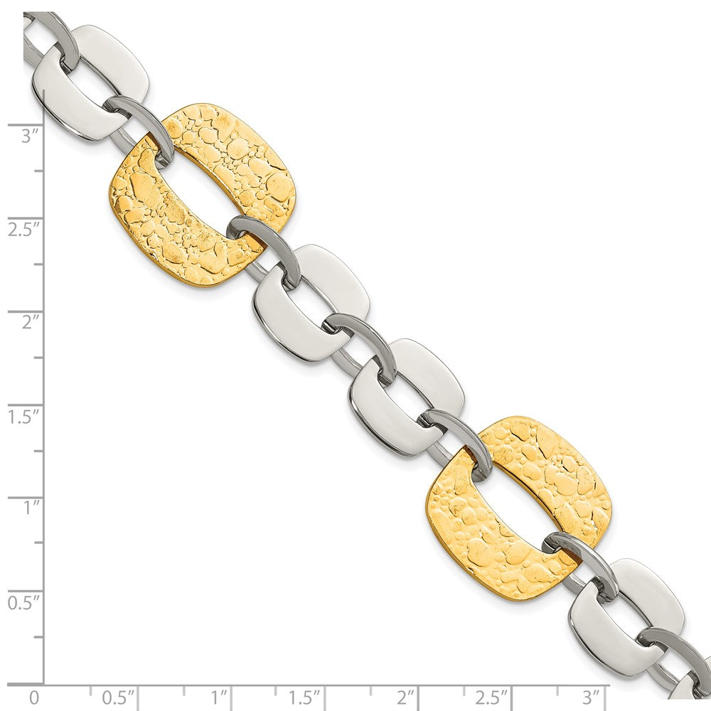 8 Inch Stainless Steel Yellow Ip-Plated Textured Square Link Bracelet