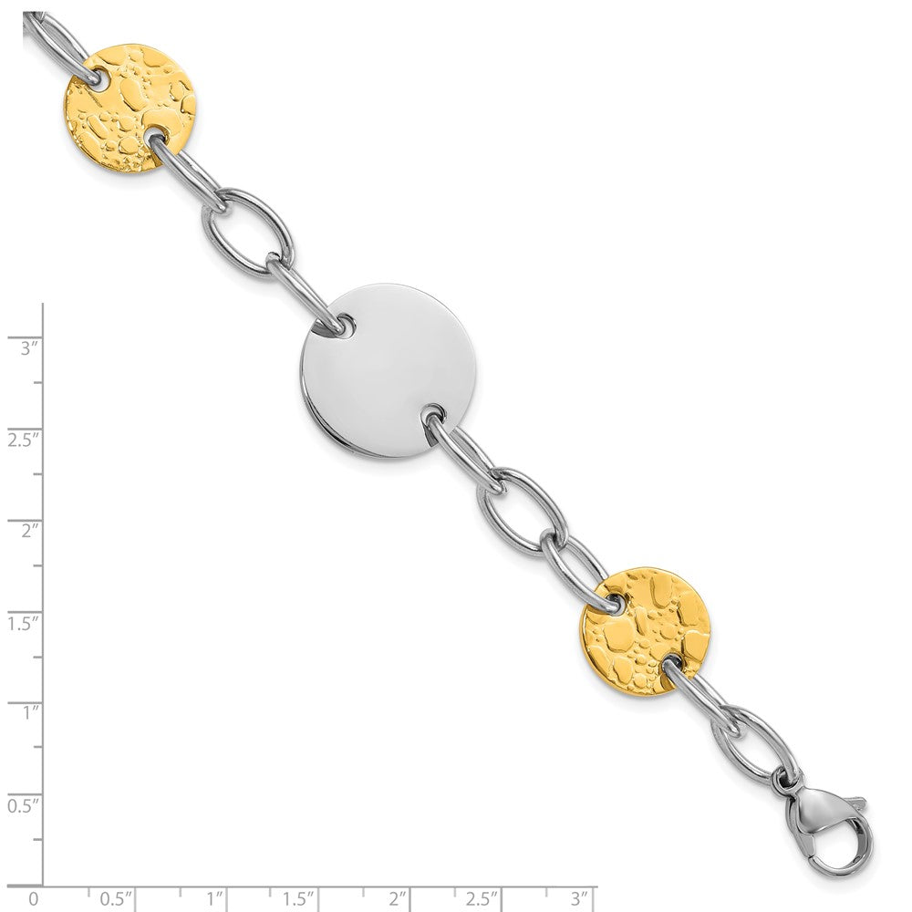 9 Inch Stainless Steel Yellow Ip-Plated Textured Circle Link Bracelet