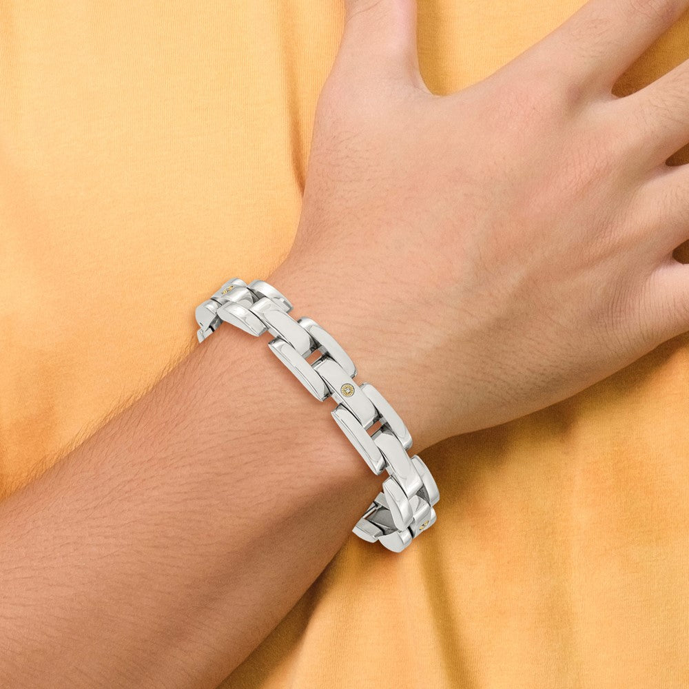 Stainless Steel Chisel Polished With Rhodium-Plated 14K White Gold Accent And .03 Carat Diamond 8.5 Inch Bracelet